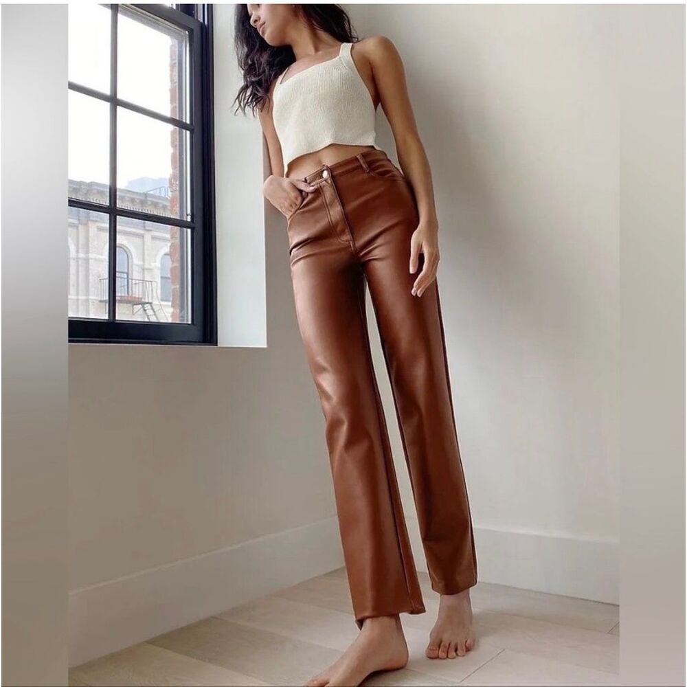 Aritzia Wilfred Melina Faux Leather Straight Leg High Rise Pants Cognac Size 10